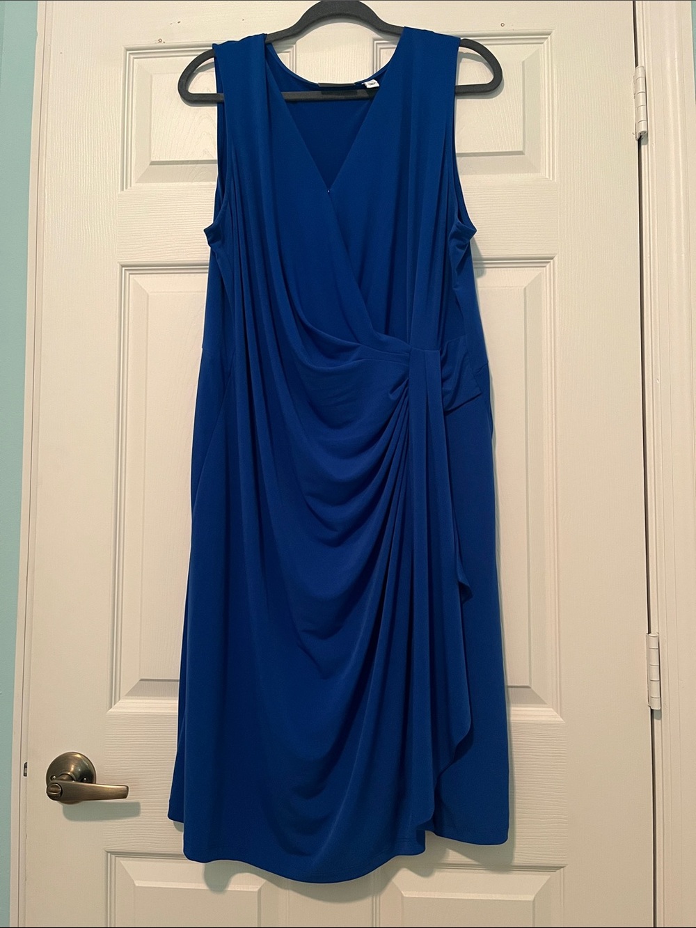 Susan Graver Royal Blue Sleeveless Draped Faux-Wrap Midi Dress